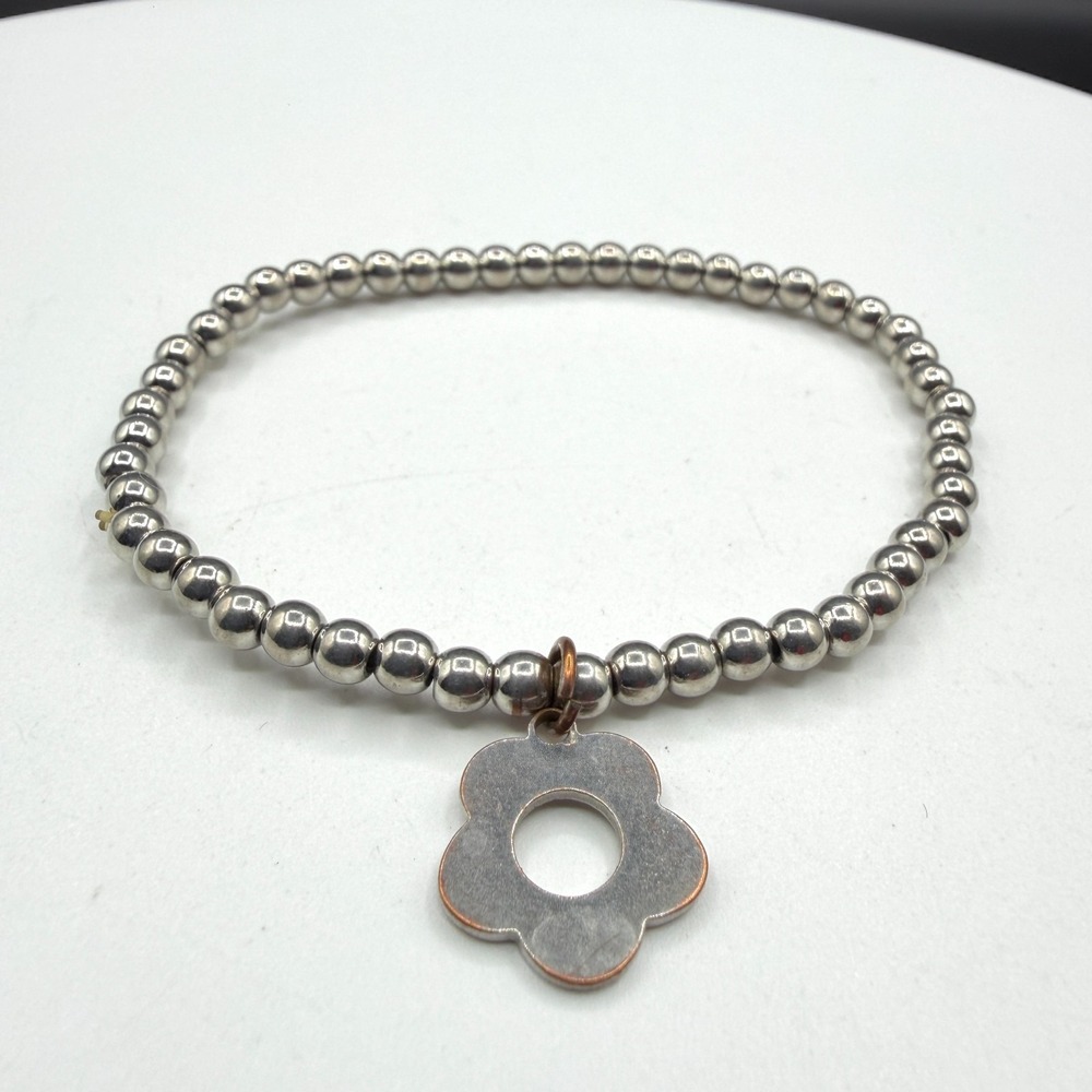 Silver Tone Ball Bead Stretch Bracelet Flower Charm Boho Stackable Jewelry Gift